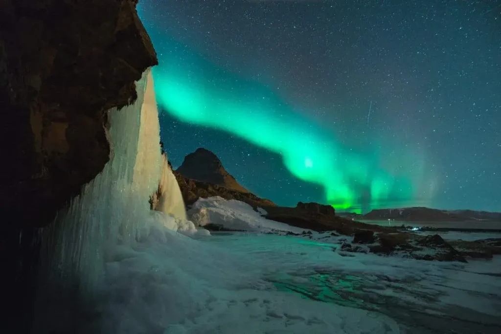 The northern lights over ice fields